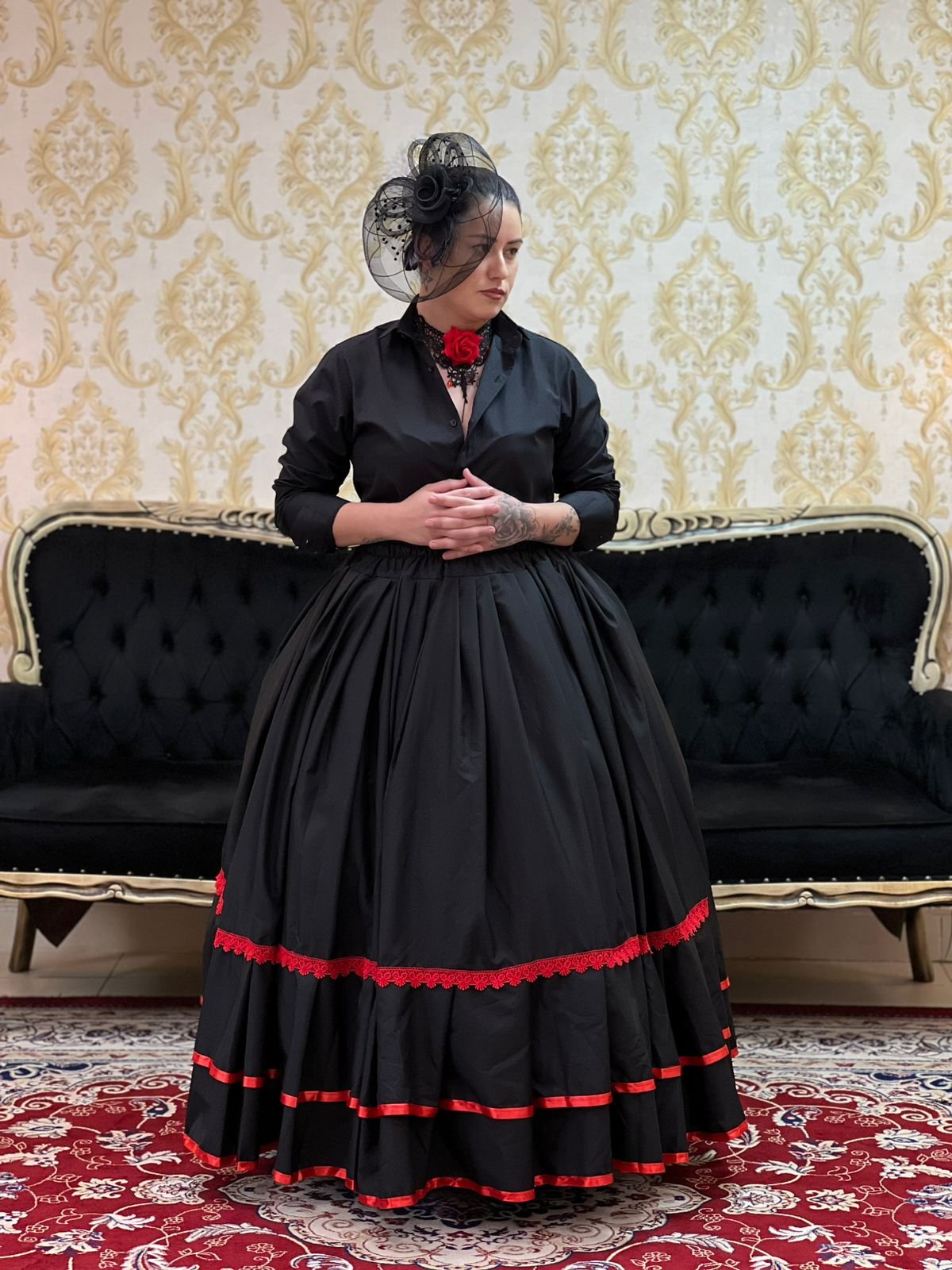 Saia 2 Babados Oxfor Preto/Verm 2117