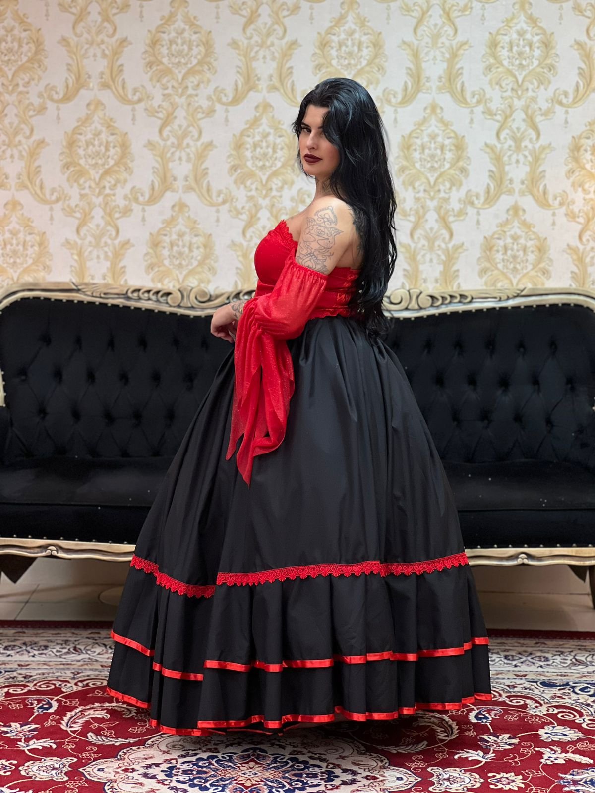 Saia 2 Babados Oxfor Preto/Verm 2117