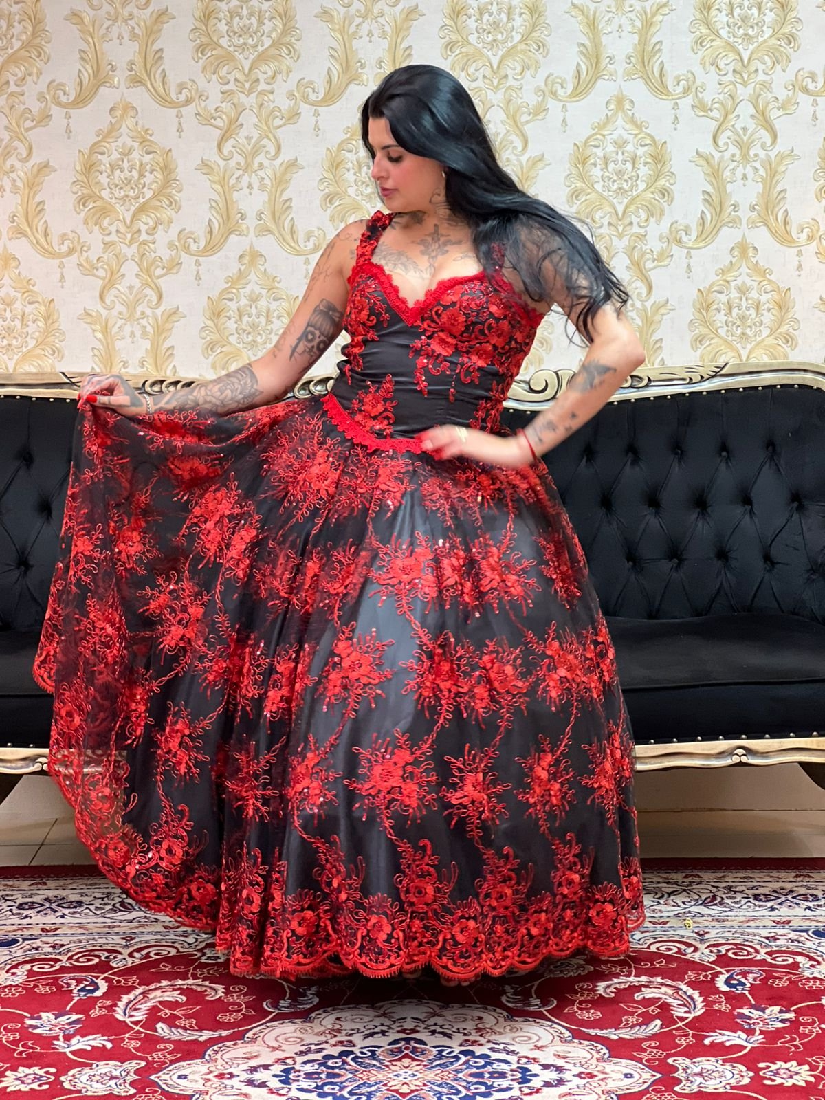 Saia Bordada Paetê Longa Pto/Verm 2121