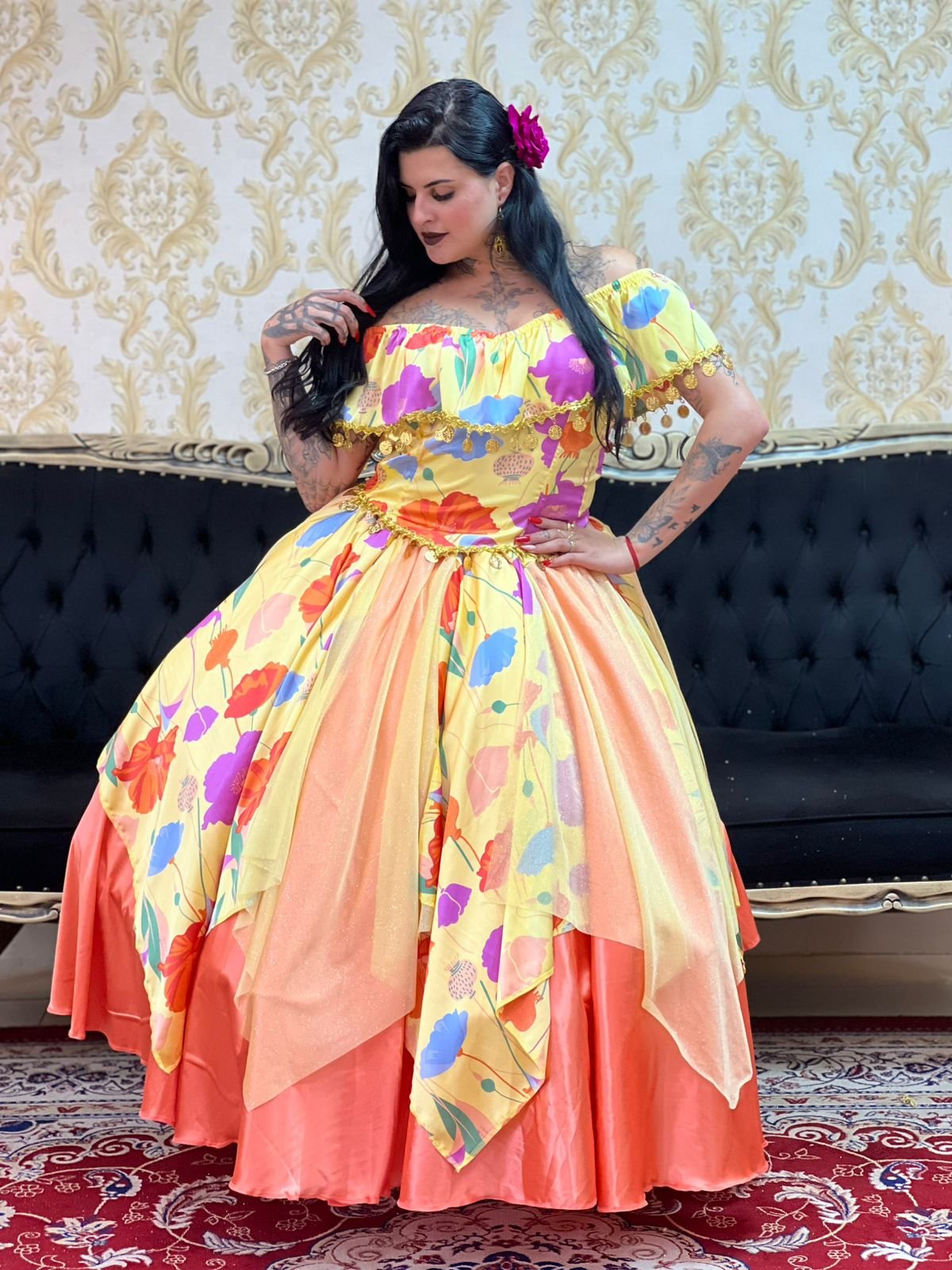 Saia Lenços Flores Laranja/Amar 8306