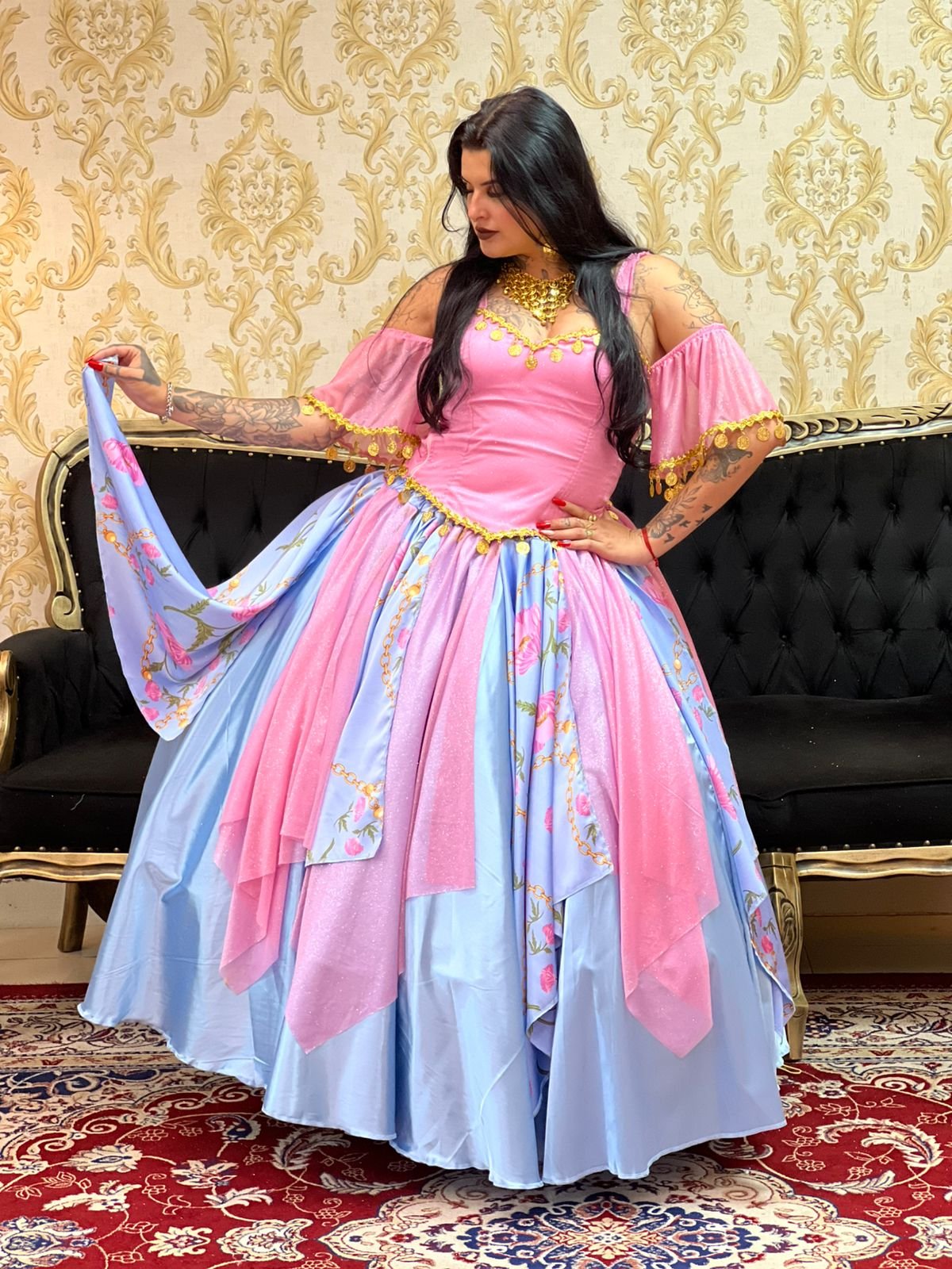 Saia Lenços Flores Azul/Rosa 8410