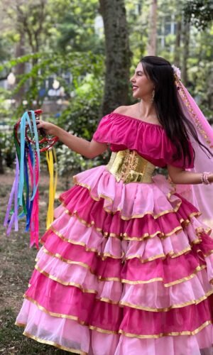 Saia 7 Babados Voal/Fitas Rosa/Pink 8727