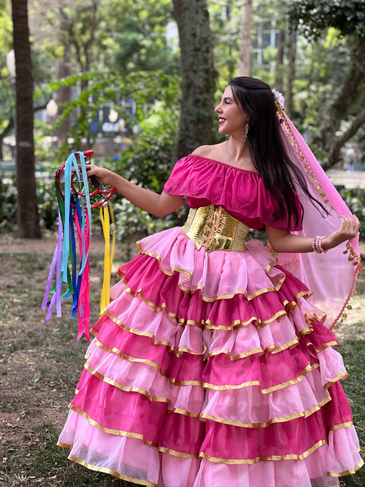 Saia 7 Babados Voal/Fitas Rosa/Pink 8727