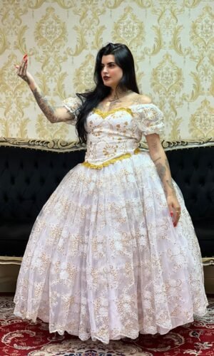 Saia Bordada Paete Longa Branco/Dou 053