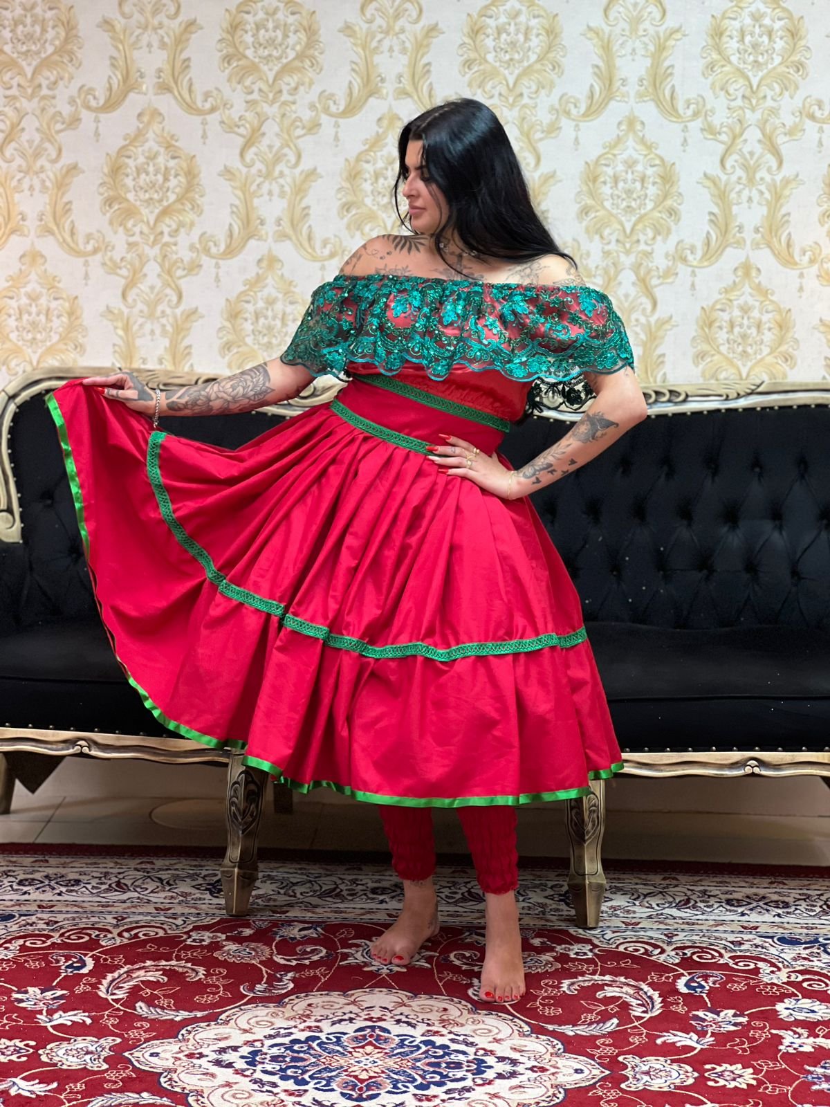 Saia 1 Babado Curta Verm/Verde 141