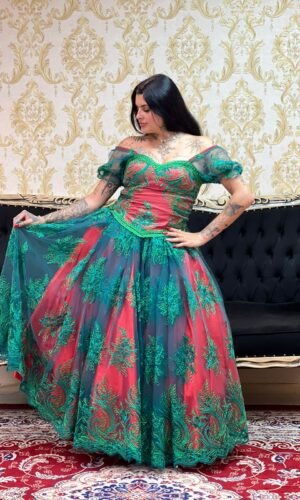 Saia Bordada Metalic Longa Verm/Verde 179