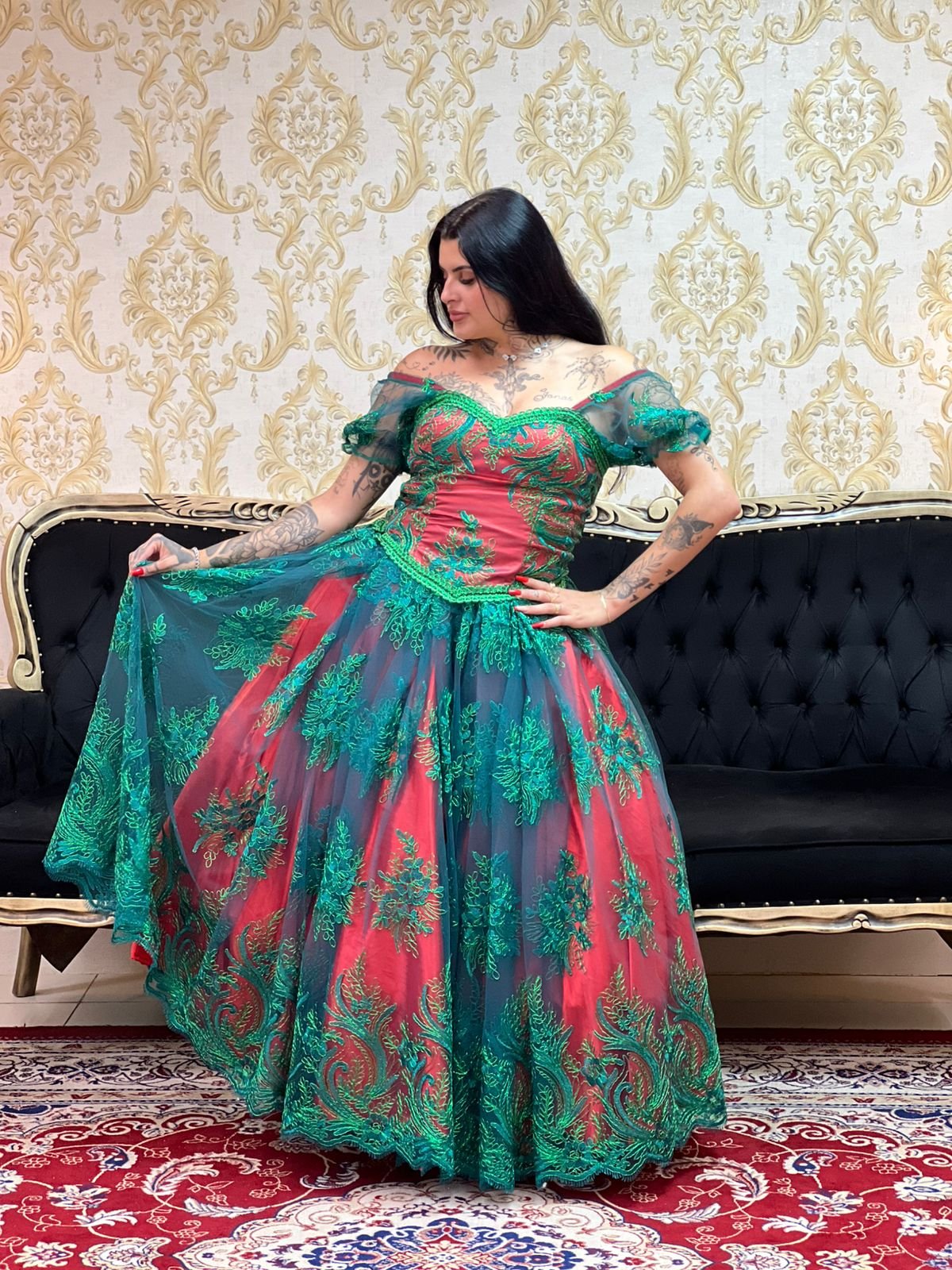 Saia Bordada Metalic Longa Verm/Verde 179