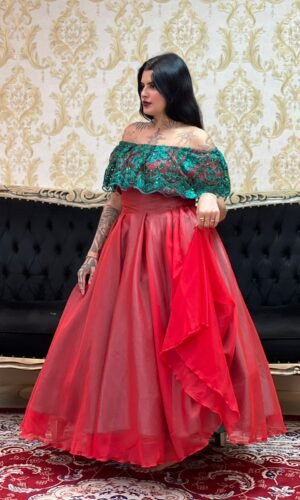 Saia Voal Longa Verde/Verm 642