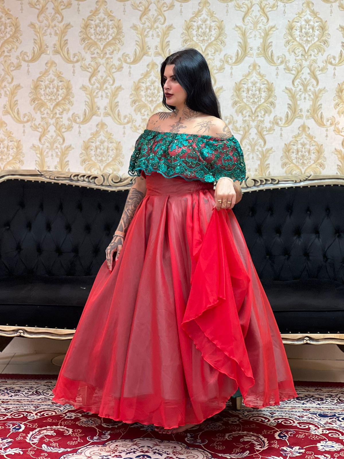 Saia Voal Longa Verde/Verm 642