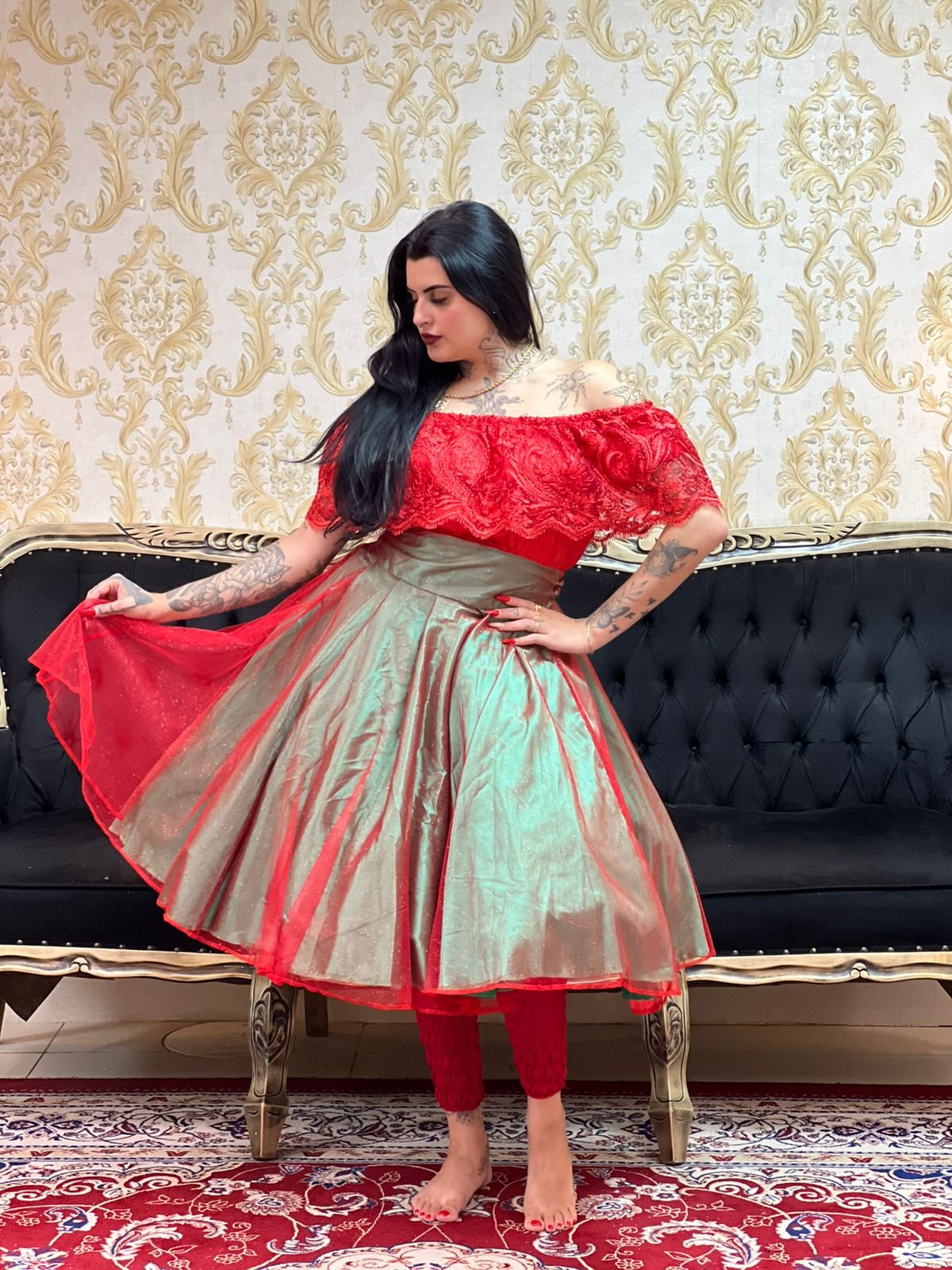 Saia Brilho Curta Verde/Verm 657