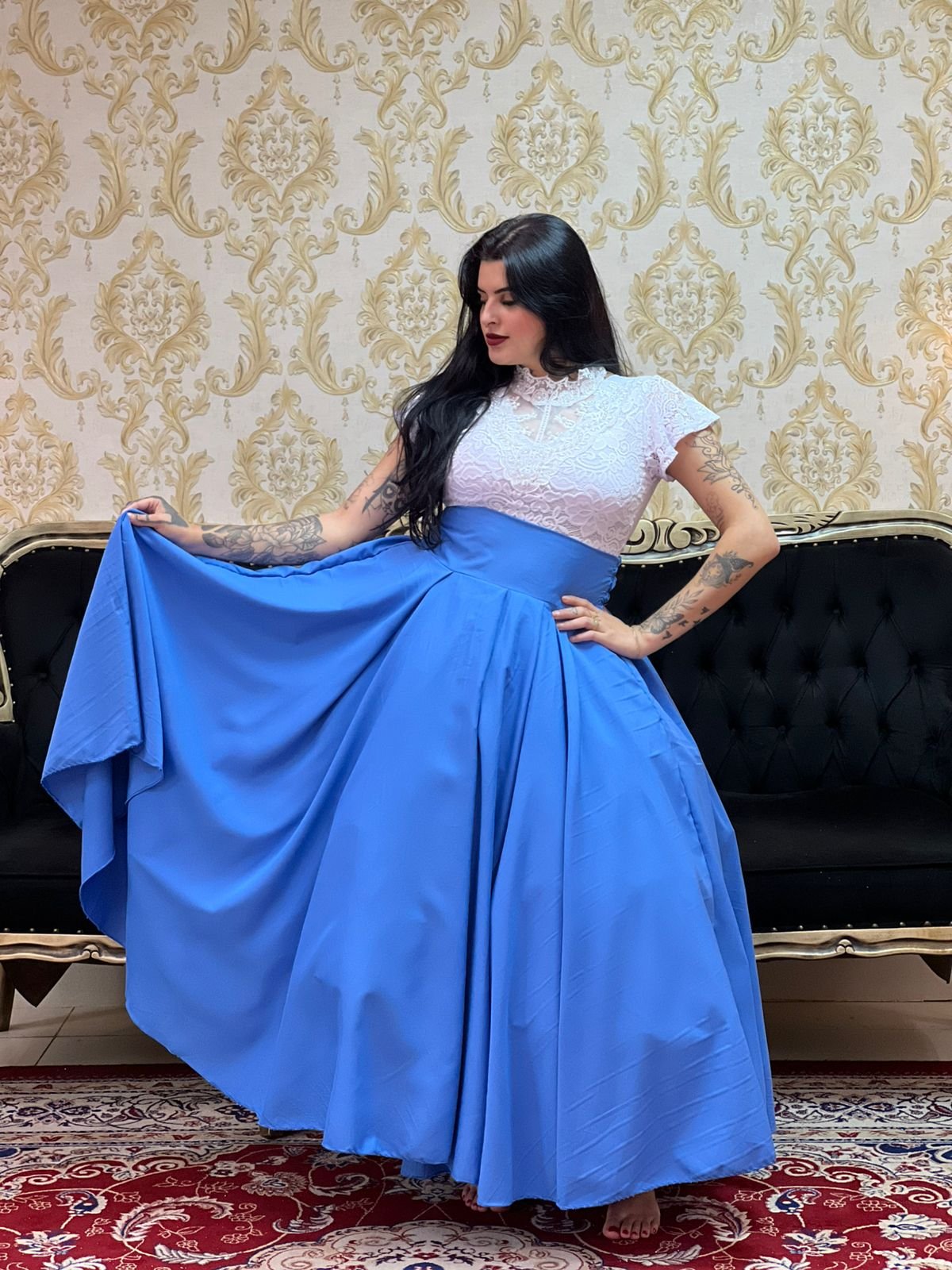 Saia Oxfor Longa Azul Turquesa 448