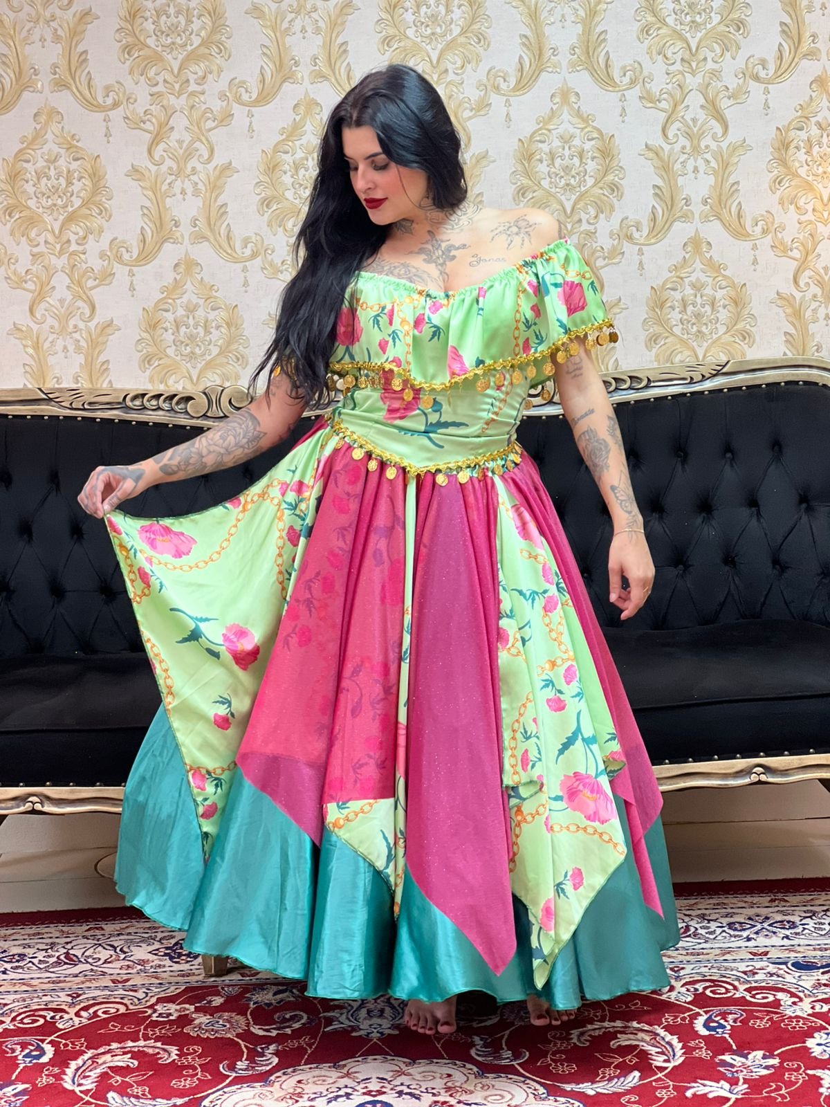 Saia Lenços Flores Verde/Rosa 8615