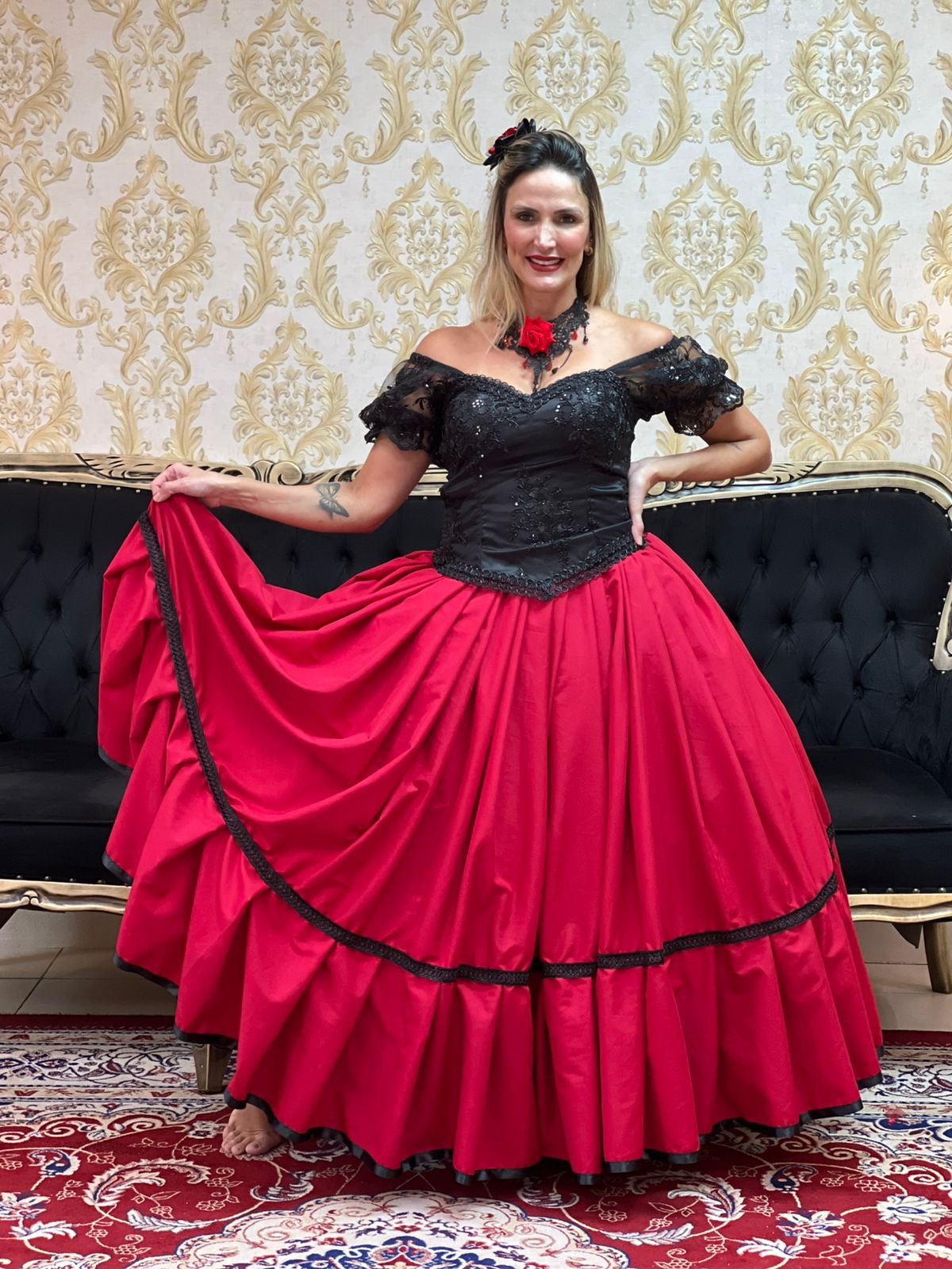 Saia 1 Babado Longa Verm/Pto 168