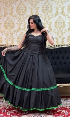 Saia 1 Babado Longa Preto/Verde 2610