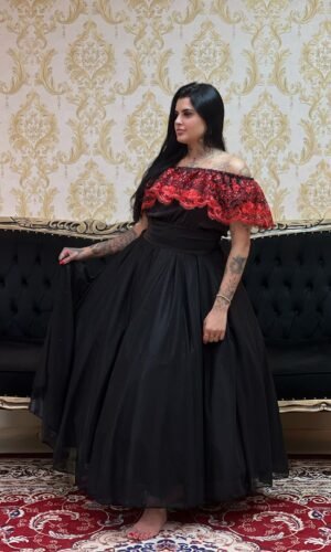 Blusa Babado Bordado Paetê Pto/Verm 211