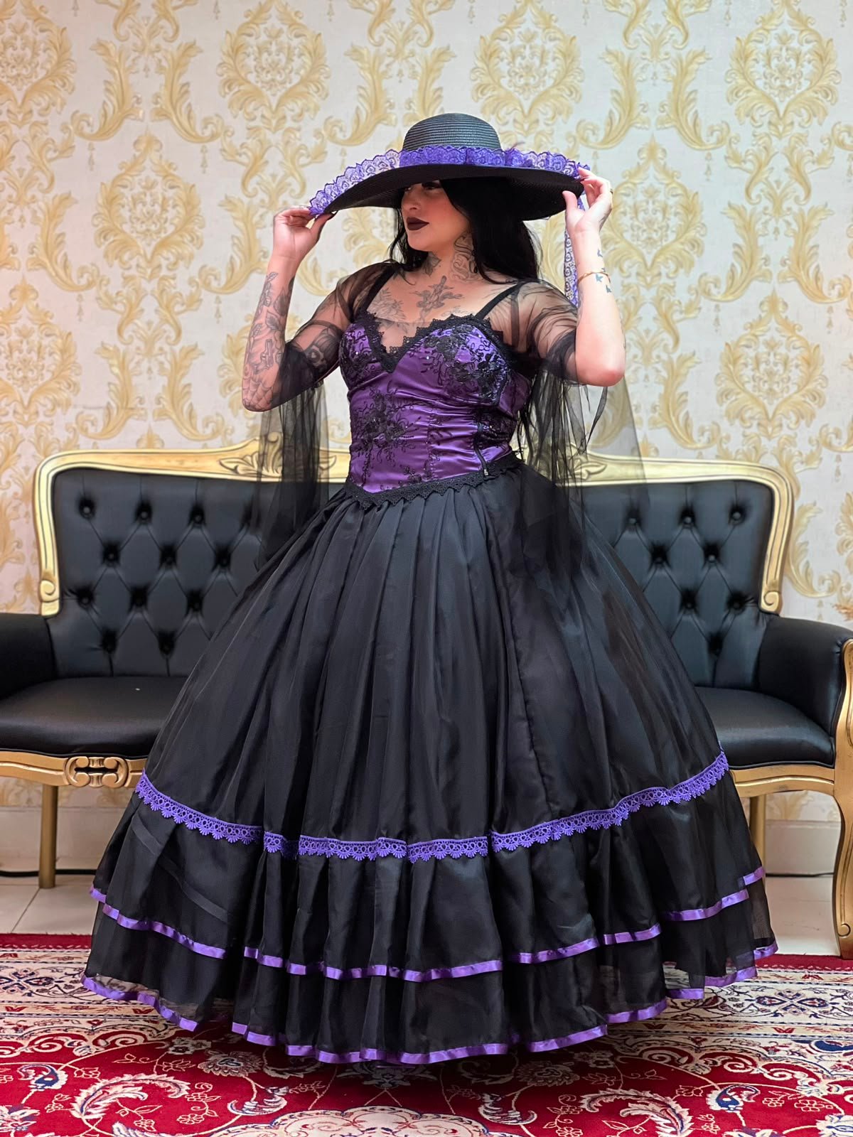 Saia 2 Babados Voal Preto/Roxo 2529