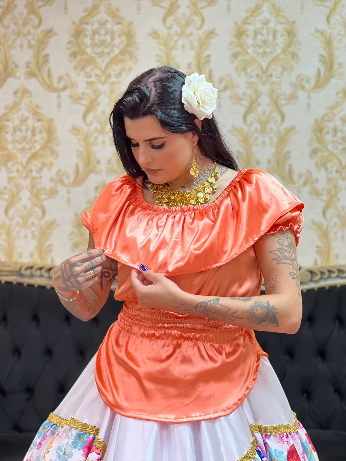 Blusa Babado Cetim Salmão 801