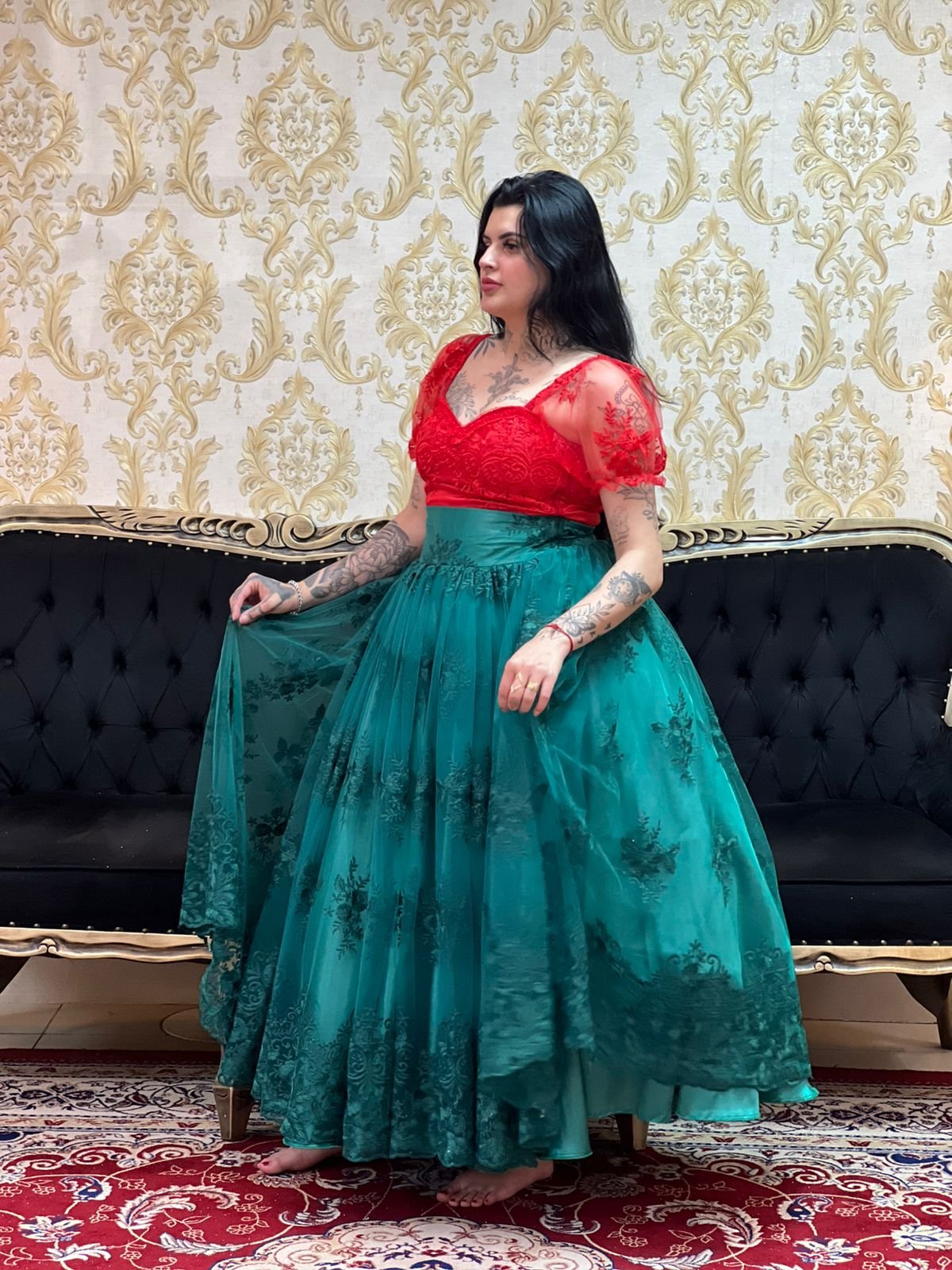 Saia Bordada Longa Verde 636