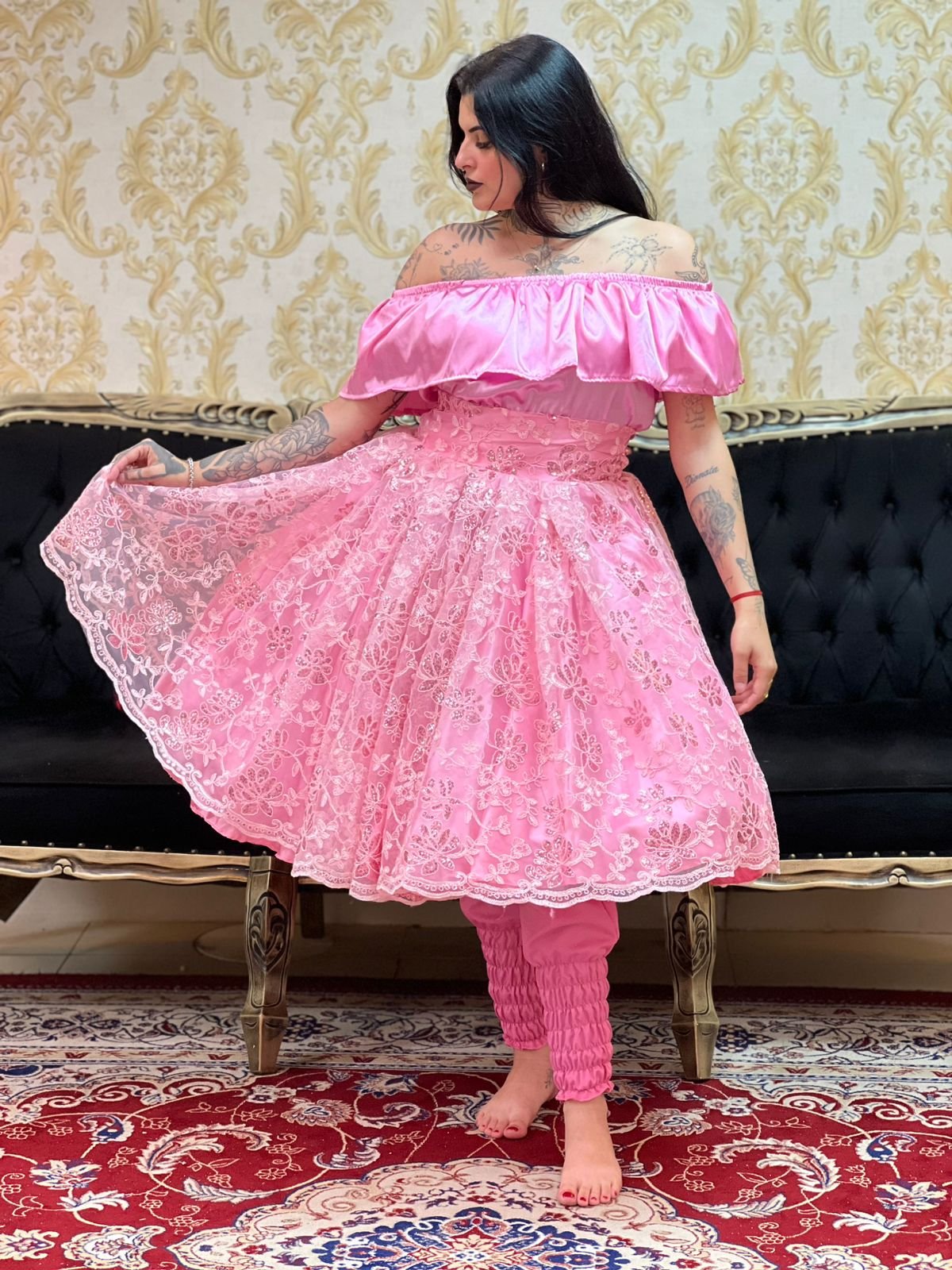 Saia Bordada Paetê Curta Rosa 757