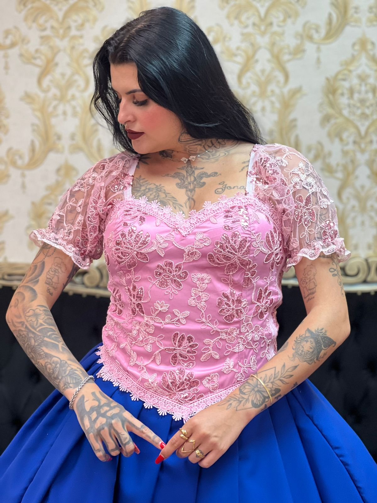 Corpete Bordado Paête Rosa 708