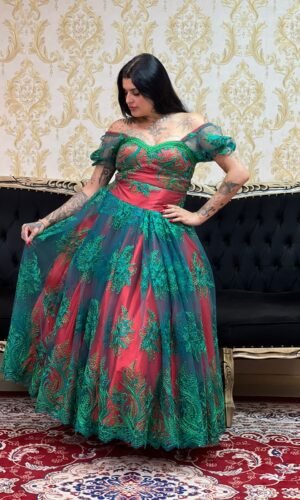 Saia Bordada Metalic Longa Verm/Verde 179