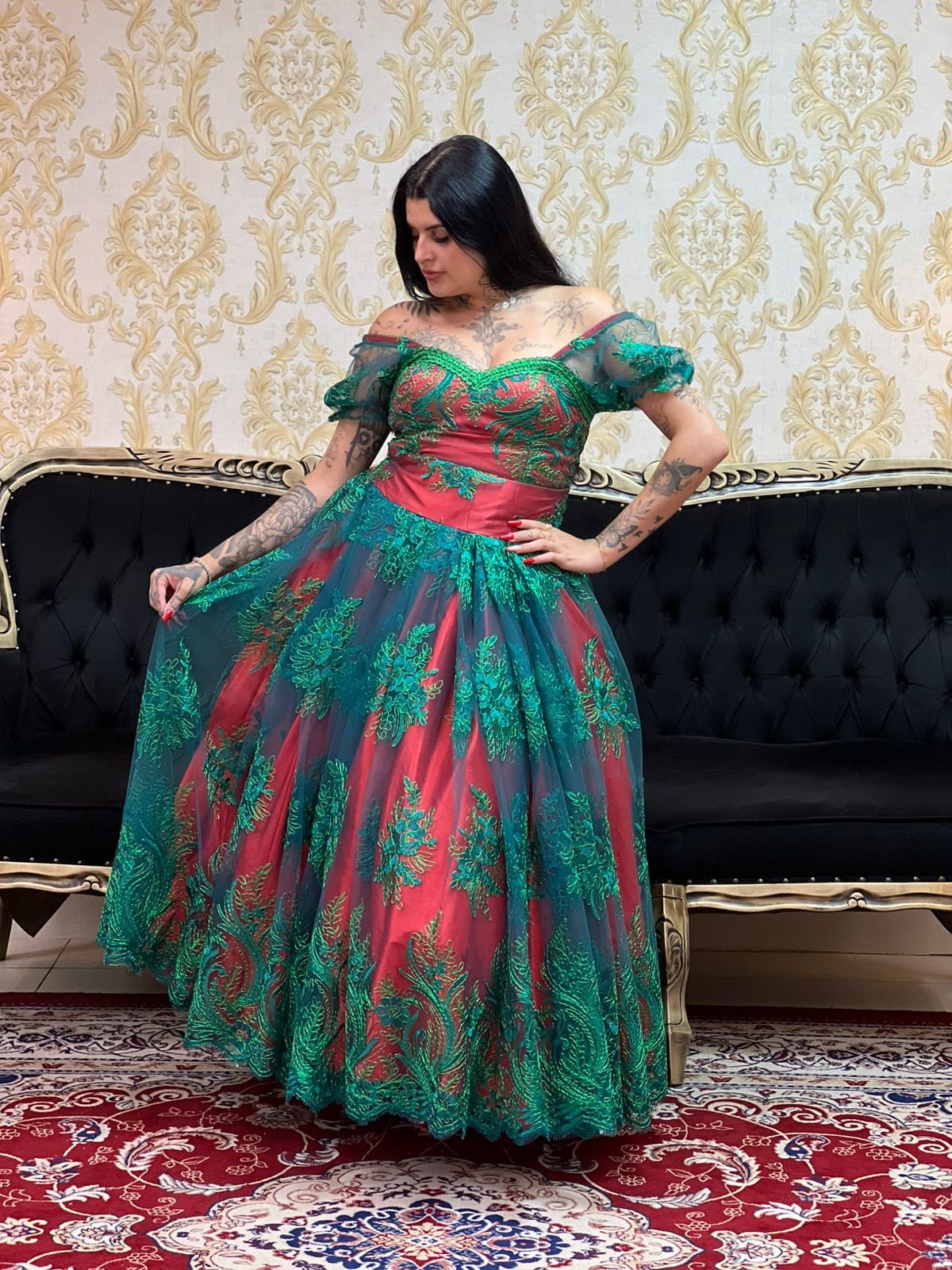 Saia Bordada Metalic Longa Verm/Verde 179