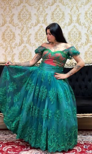 Saia Bordada Metalic Longa Verde 617