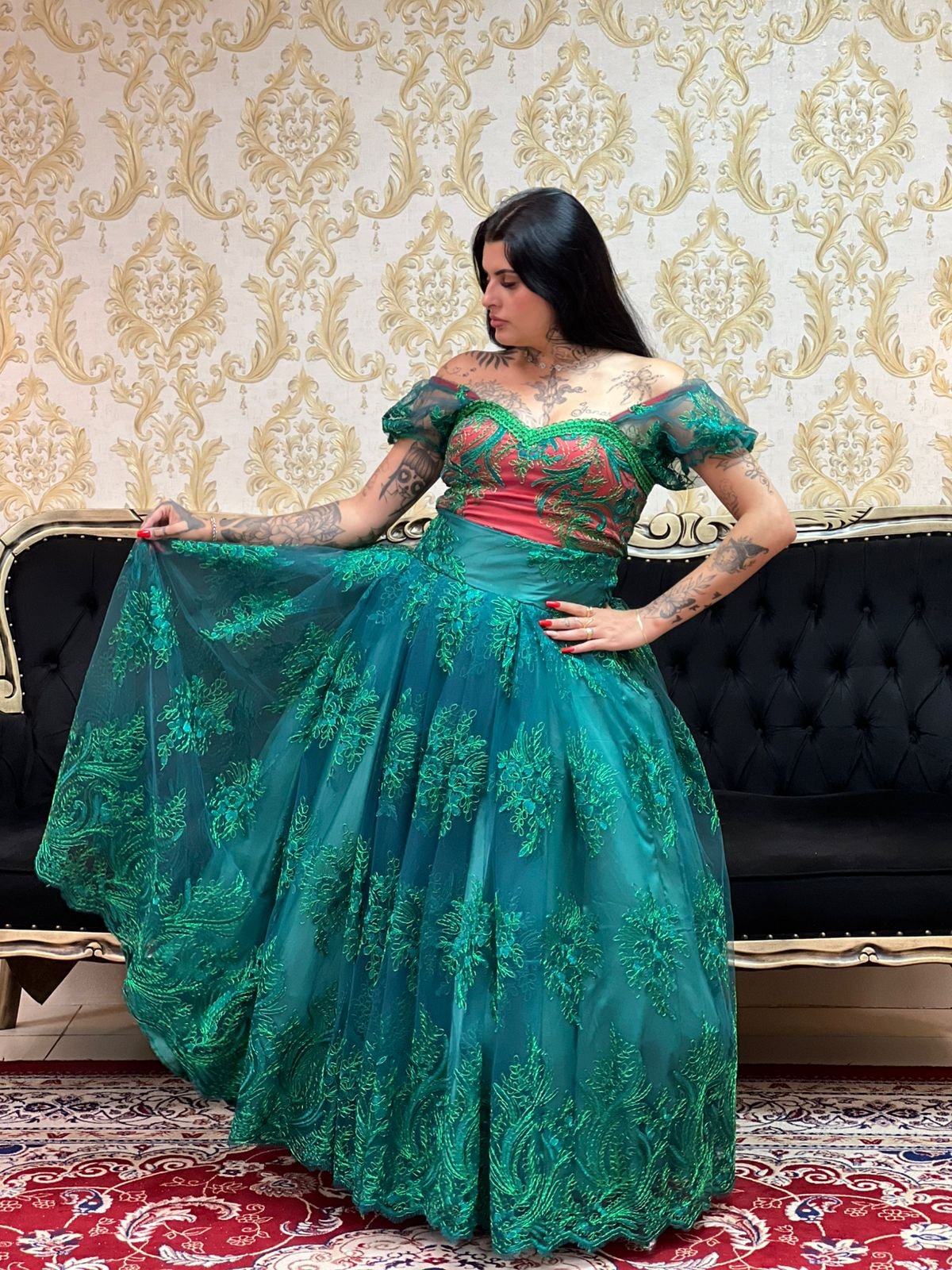 Saia Bordada Metalic Longa Verde 617