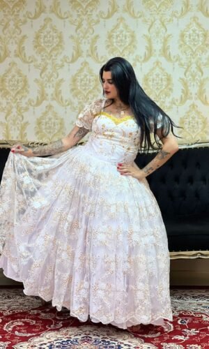 Saia Bordada Paete Longa Branco/Dou 053