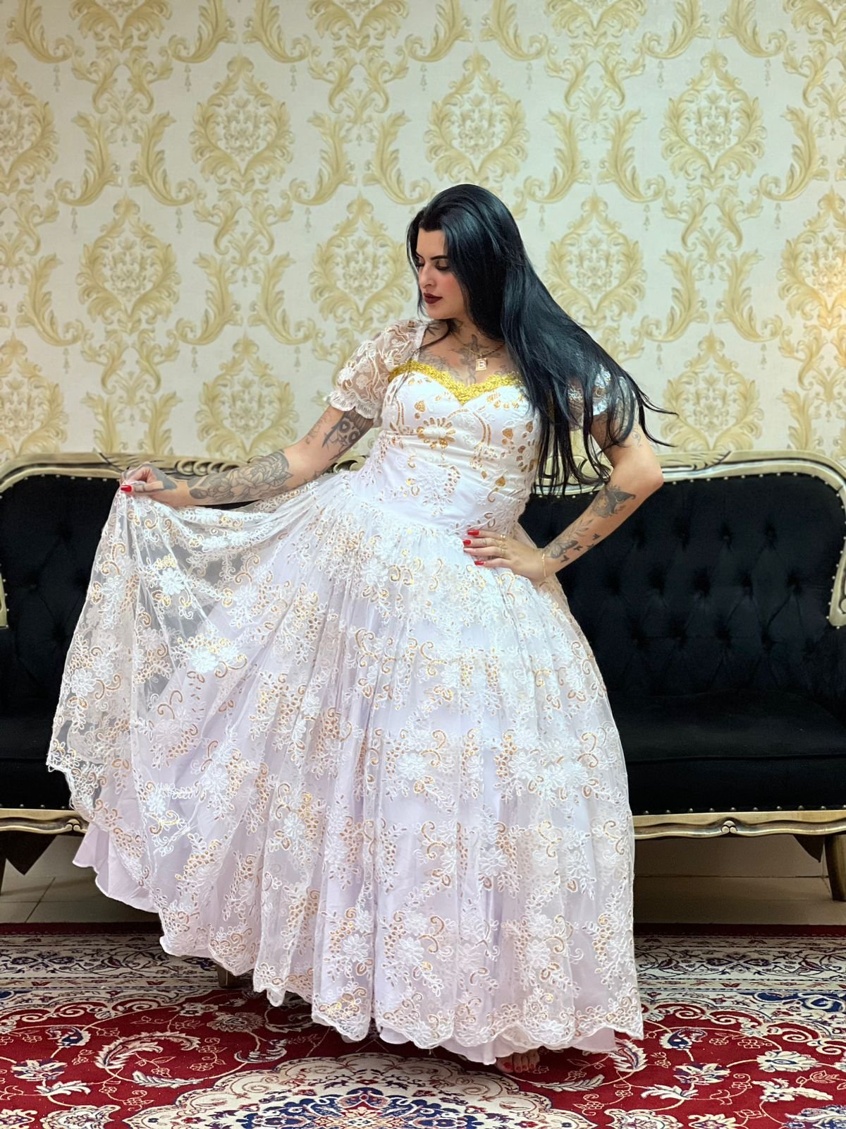 Saia Bordada Paete Longa Branco/Dou 053