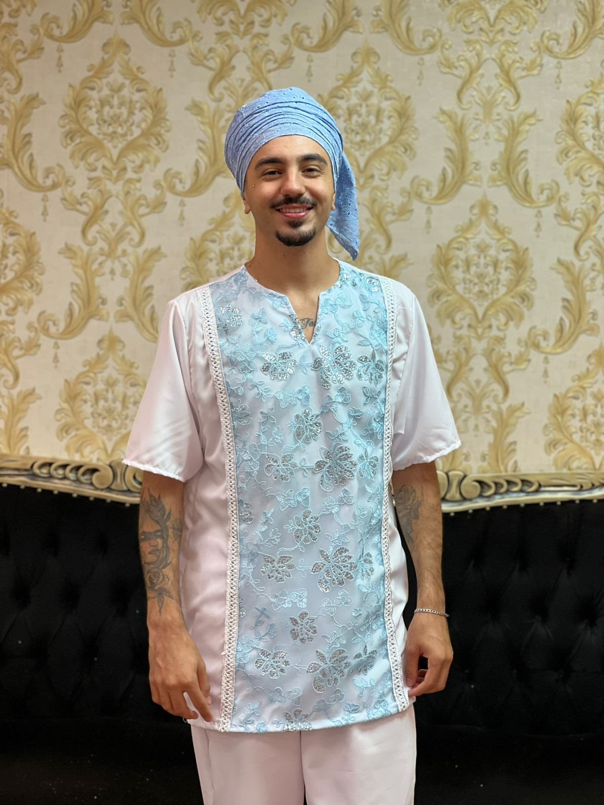 Kafta Bordada Branca/Azul 015