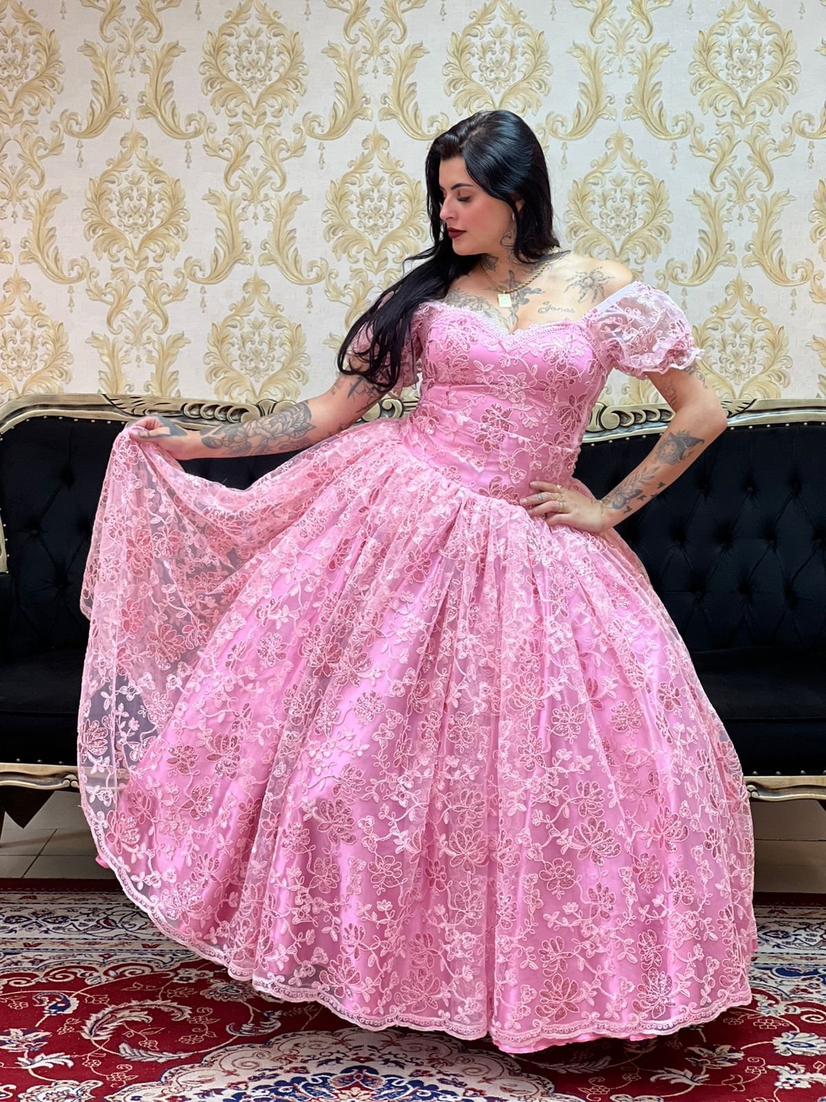 Saia Bordada Longa Paetê Rosa 721