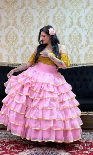 Saia 7 Babados Voal/Fitas Rosa/Dou 8708