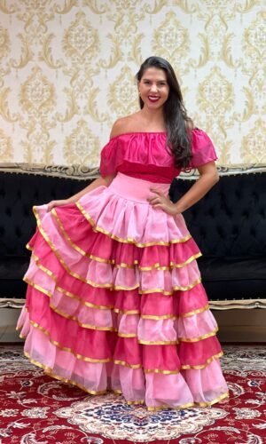 Saia 7 Babados Voal/Fitas Rosa/Pink 8727