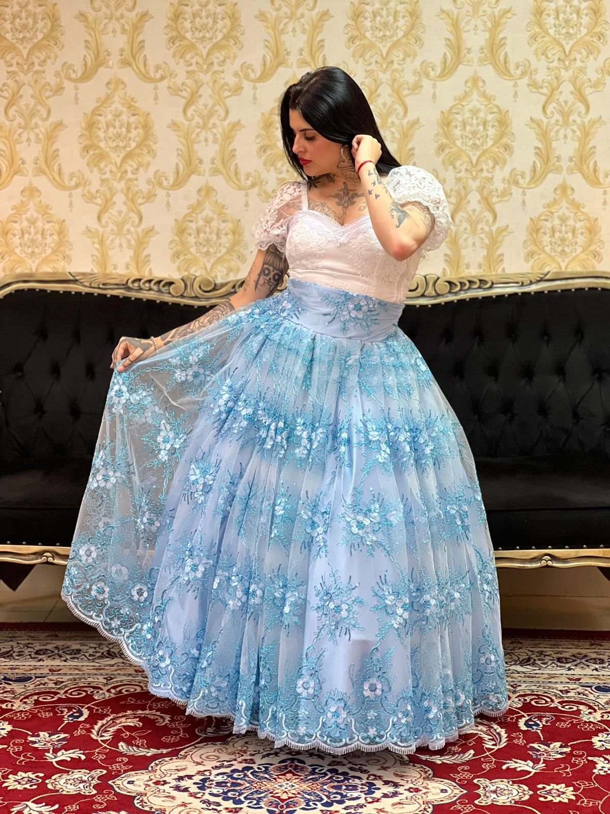Saia Bordada Paetê Longa Azul 434