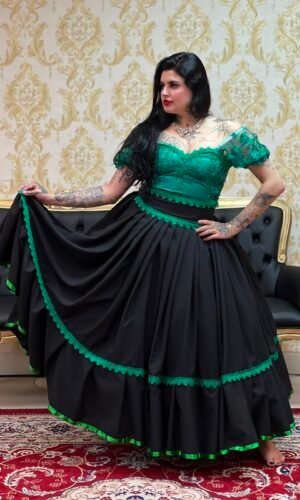 Saia 1 Babado Longa Preto/Verde 2610