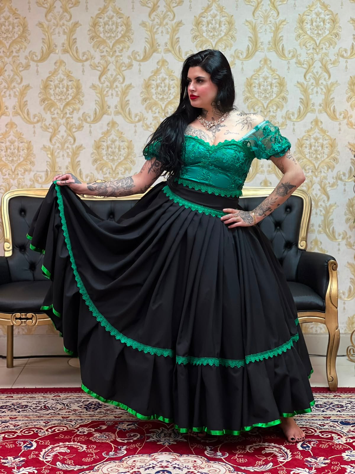 Saia 1 Babado Longa Preto/Verde 2610