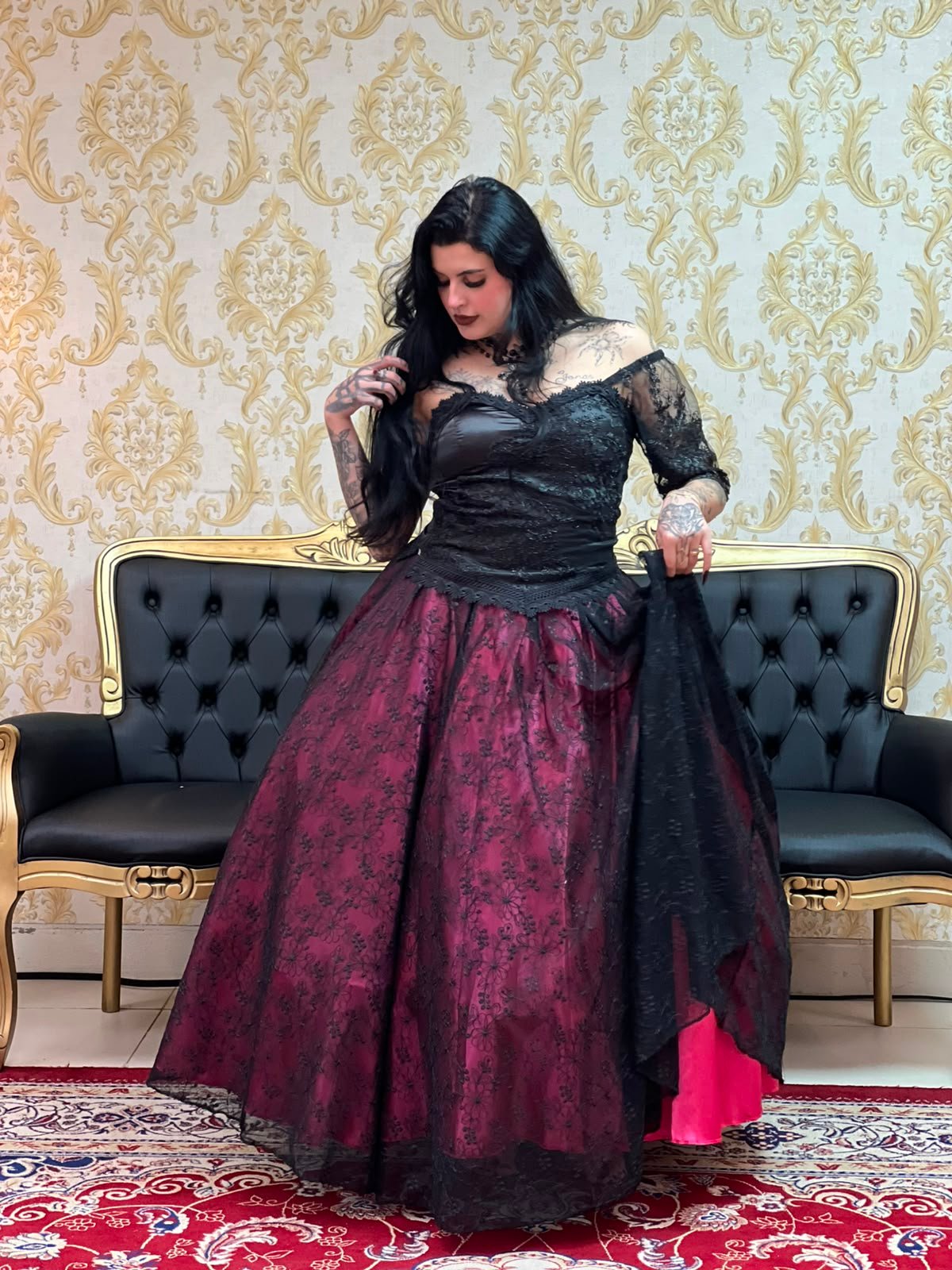 Saia Renda Longa Preto/Rosa 2727