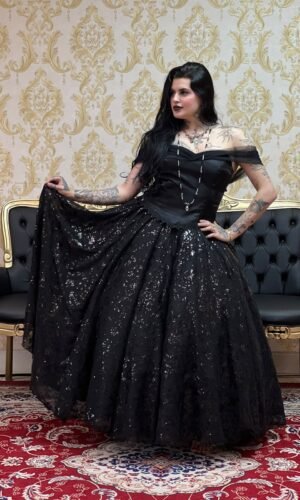 Saia Chiffon Bordado Longa Preto 2282