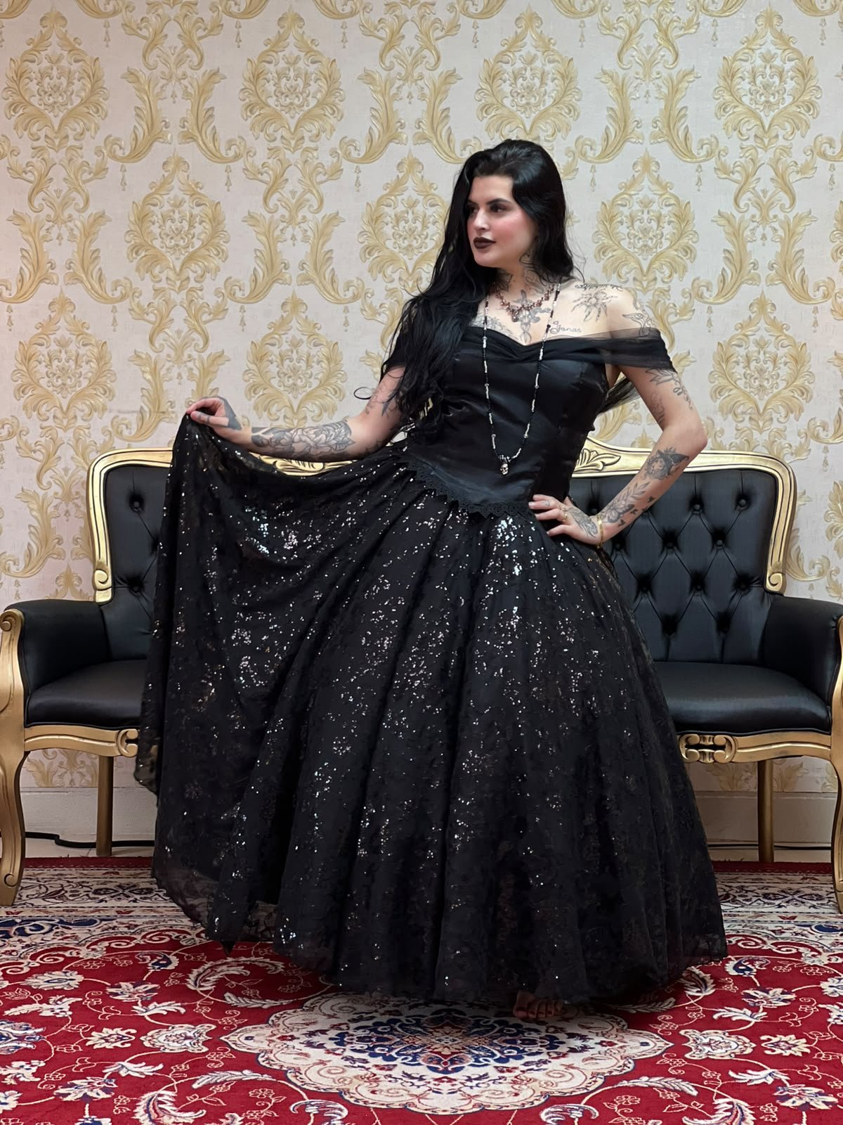 Saia Chiffon Bordado Longa Preto 2282